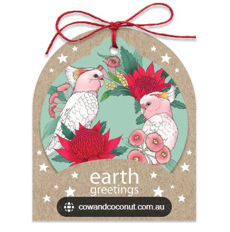 Earth Greetings 8pk Gift Tags Pink Cockatoo Wreath